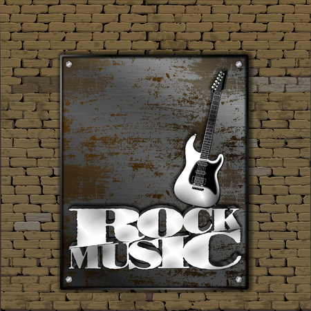 Music design. Old brick wall rusty metal sheet iron guitars and rock inscription.のイラスト素材