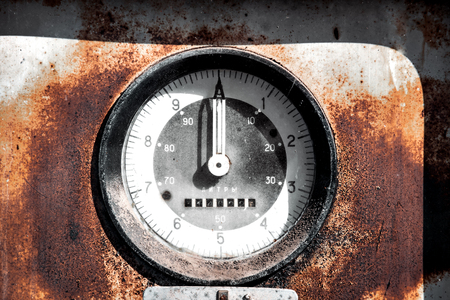 The old rusty Russian fuel station. On the scoreboard there is an inscription of liters in Russian.の写真素材