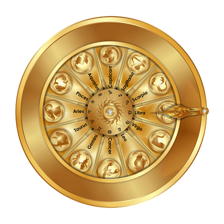 Golden wheel of fortune with astrological signs of the zodiac.のイラスト素材