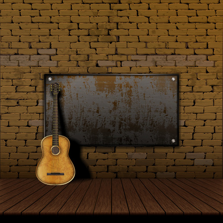 Acoustic guitar leaning in a brick wall with Iron Shield frameのイラスト素材