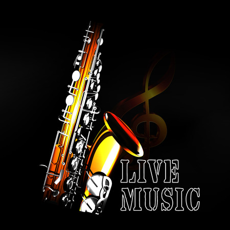 The inscription is live music on a saxophone background with a treble clef in the blackout. Can be used with any text and image with a black background.のイラスト素材