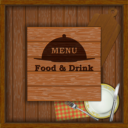 Template of restaurant menu wooden board with a plate and knife with a fork.のイラスト素材