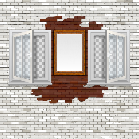 Open windows in a brick wall with a white wooden frame.のイラスト素材