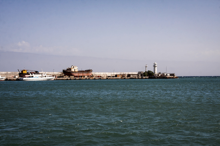 lighthouse in the sea, shipの写真素材
