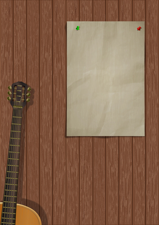 Music background with wooden planks, acoustic guitar and a piece of paper for an inscription or image.のイラスト素材
