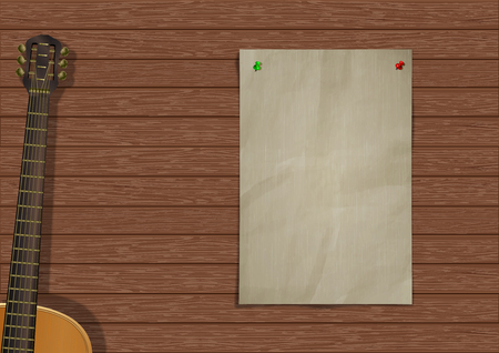Music background with wooden planks, acoustic guitar and a piece of paper for an inscription or image.のイラスト素材