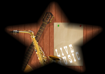 Musical background guitar and saxophone on a wooden board in the gap and the shadows in the form of a star.のイラスト素材