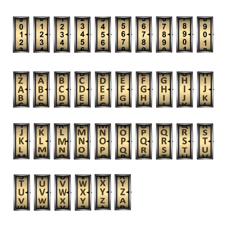 English alphabet and numbers on disks in the form of a dial mechanism, disks that rotate.のイラスト素材