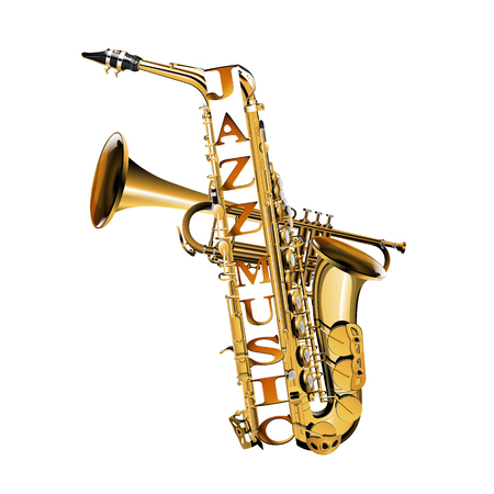 Saxophone and trumpet in the section with the inscription jazz music. Isolated objects on white background.のイラスト素材