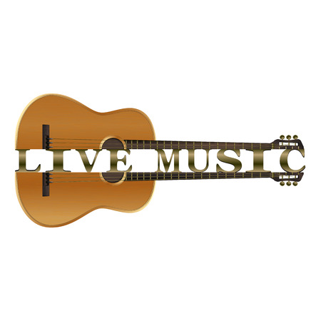 Acoustic guitar divided into parts with the text live music. Isolated object on white background.のイラスト素材