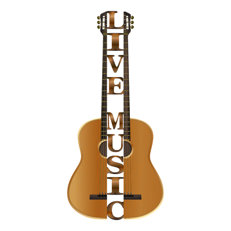 Acoustic guitar divided into parts with the text live music. Isolated object on white background.のイラスト素材