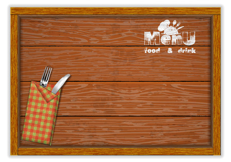 Restaurant menu template, knife and fork with a menu book on a wooden board table.のイラスト素材