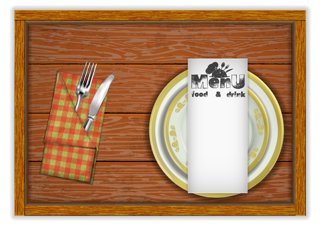 Restaurant menu template wooden board plates and a knife with a fork in a napkin. Isolated object on white background.のイラスト素材
