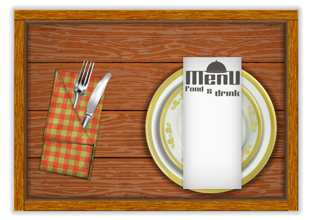 Restaurant menu template wooden board plates and a knife with a fork in a napkin. Isolated object on white background.のイラスト素材