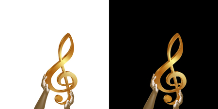 Golden treble clef in hands. Isolated object on white and black background.のイラスト素材