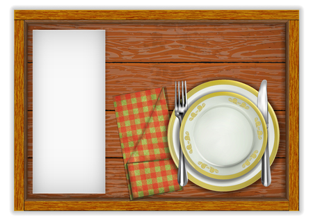 Restaurant menu template wooden board plates and a knife with a fork in a napkin. Isolated object on white background.のイラスト素材