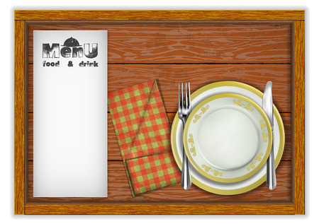 Restaurant menu template wooden board plates and a knife with a fork in a napkin. Isolated object on white background.のイラスト素材