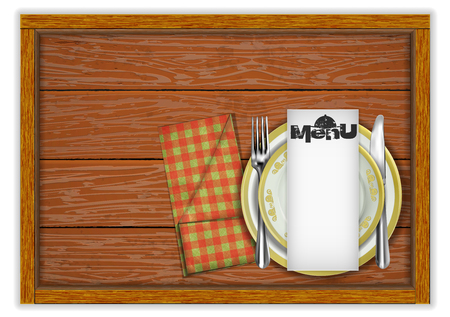 Restaurant menu template wooden board plates and a knife with a fork in a napkin. Isolated object on white background.のイラスト素材