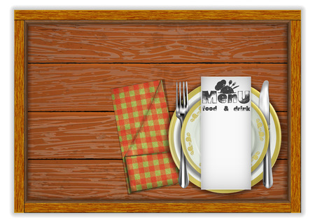 Restaurant menu template wooden board plates and a knife with a fork in a napkin. Isolated object on white background.のイラスト素材