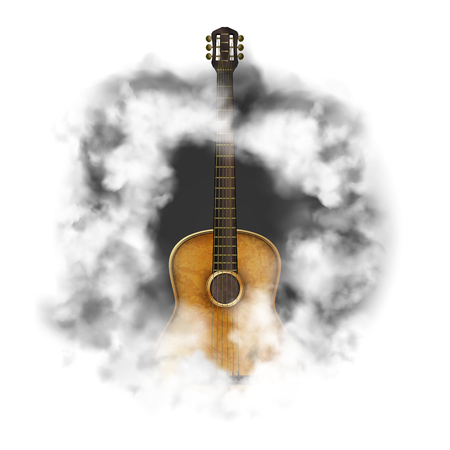 Acoustic guitar in a cloud of smoke, isolated objects on a white background.のイラスト素材