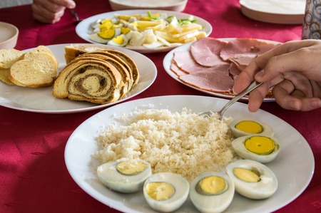 Easter festive food ready on dinning tableの写真素材