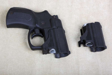 Tubeless doubly charged traumatic pistol and holder with two bulletsの写真素材