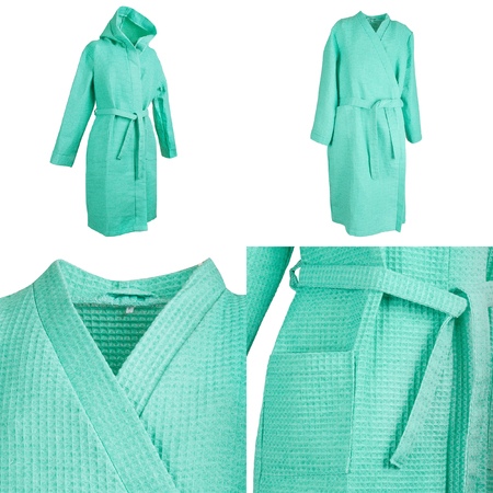 Collage of four photos of long aquamarine embossed bathrobe with belt, sleeve, pockets, waist and hood, isolated on white backgroundの写真素材