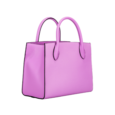 Fashionable light purple classic women's handbag of solid leather with embossed stripes side view isolated on white backgroundの写真素材