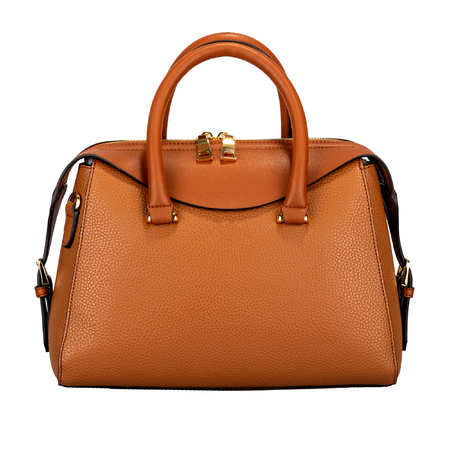 Saturated orange female leather bag isolated on white backgroundの写真素材
