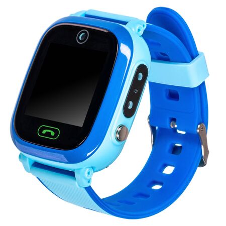 Smart watch for children in blue with a flat blank black screen for inscriptions, a call button, a video camera with a silicone strap isolated on white background. Smart watch for children in blue with a flat blank black screen for inscriptions, a call button, a video camera with a silicone strap isolated on white background. Three quarter viewの写真素材