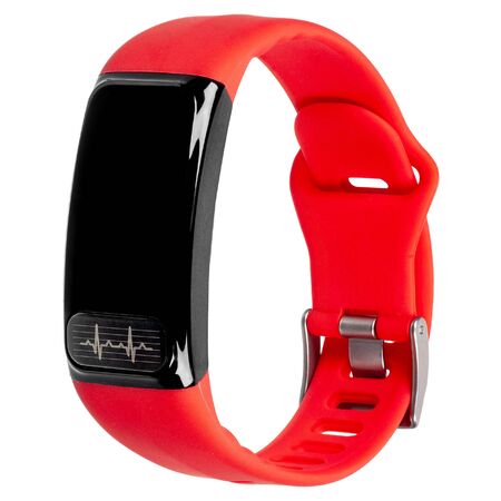 Smart fitness bracelet with pulse measurement, red silicone strap and blank screen or inscription hanging in the air isolated on a white background. Three quarter viewの写真素材