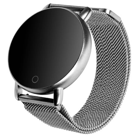 Wireless smart watch in a round matte siver case on a metal strap with a blank screen for a logo on a white background. Three quarter viewの写真素材