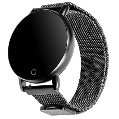 Wireless smart watch in a round matte black case on a metal strap with a blank screen for a logo on a white background. Three quarter viewの写真素材