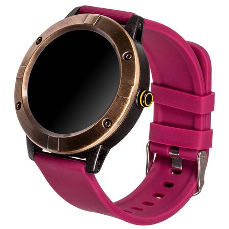 Wireless smart watch in a round matte bronze case and a red silicone strap on a white background. Three quarter viewの写真素材