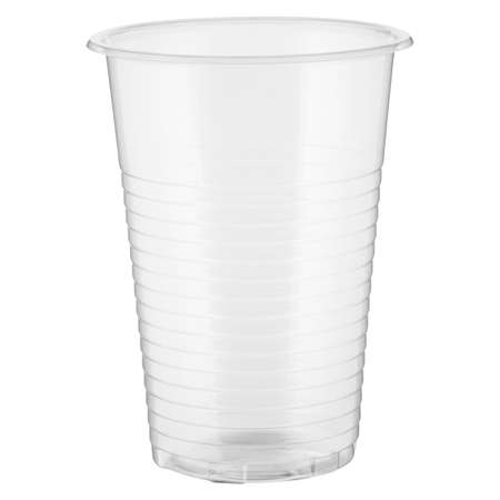 One empty disposable transparent plastic cup isolated on white backgroundの写真素材