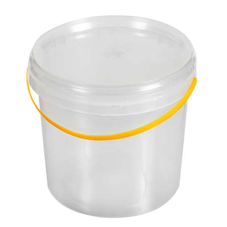 Empty food packaging bucket transparent plastic closed lid isolated on white backgroundの写真素材