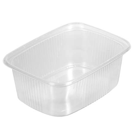Reusable plastic transparent box for takeaway food, picnic, salad for shop isolated on whiteの写真素材