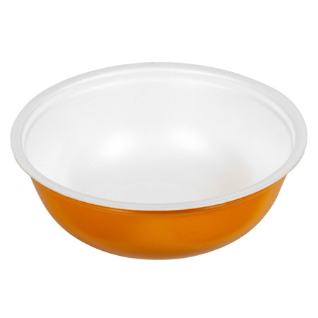 Deep orange disposable plastic soup bowl isolated on white backgroundの写真素材