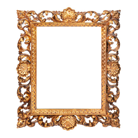 The frame for a picture or a photograph is carved with luxurious ornamentation stylized as a baroque. Blank center isolated on white backgroundの写真素材