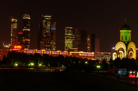 Russia, Moscow - August 16, 2018: city park Poklonnaya Gora beautifully illuminated with multi-colored illuminationのeditorial素材