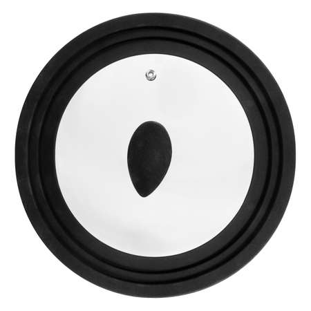 Transparent glass lid with thick black rubber rim for frying pan. Top view isolated on whiteの写真素材