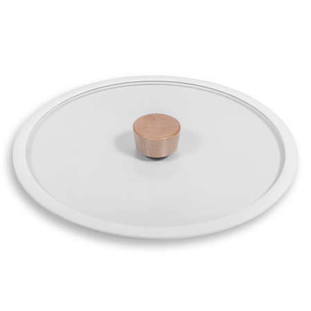 Transparent round glass lid with thin green rubber rim for frying pan. Side view isolated on whiteの写真素材
