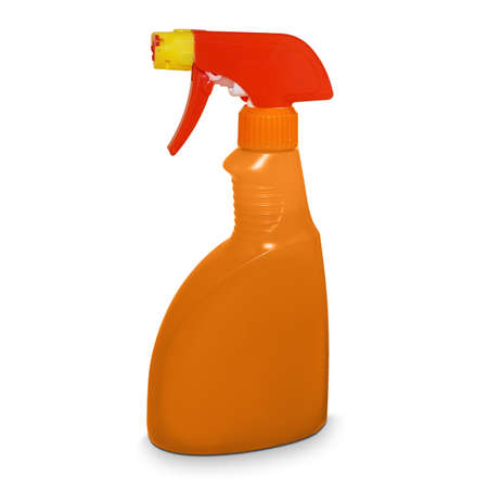 Opaque matte plastic bottle with dispenser. Orange, red and yellow. Isolated on white backgroundの写真素材