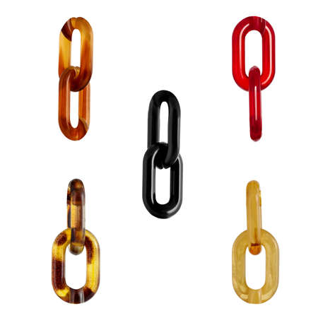 Parts of a multicolored large plastic chain from jewelry or bijouterie for designers and layout. Isolated on whiteの写真素材