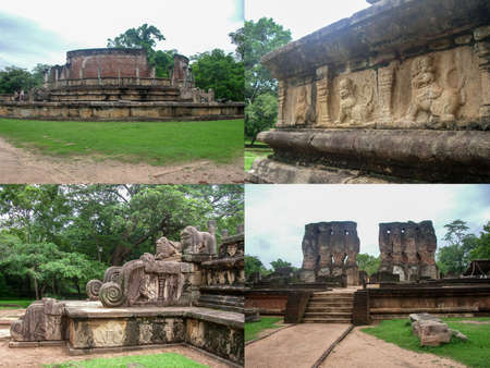 Sri Lanka - December 5, 2007: Ruins of ancient Buddhist buildings in Sri Lanka. Ruins of royal palaces. Collage of four photos to advertise travel, vacation or tourist tripのeditorial素材