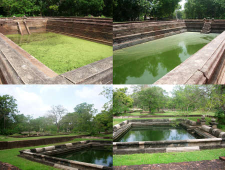 Royal green water ponds in Anuradhapura, Sri Lanka. Collage of four photos to advertise travel, vacation or tourist tripの写真素材