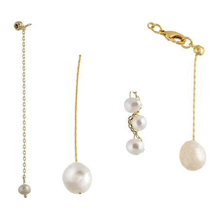 Parts of gold chains with pearl pendants for designers and advertising isolated on white backgroundの写真素材