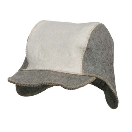 Classic two-color gray and beige felt hat for head protection in the sauna. In Russian style isolated on whiteの写真素材