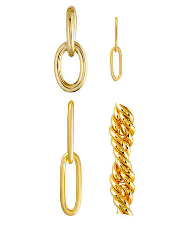 Several links of metal gold chain for designers and advertising mockups closeup. Isolated on whiteの写真素材