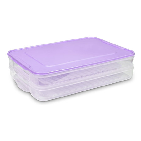 Plastic food storage container with a closed purple lid on a white backgroundの写真素材